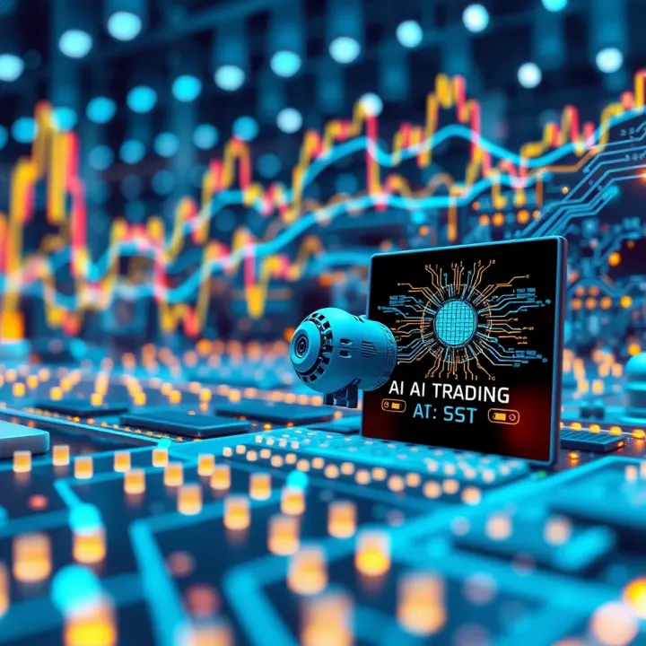 Abstract visualization of AI algorithms interacting with quantum circuits in trading systems