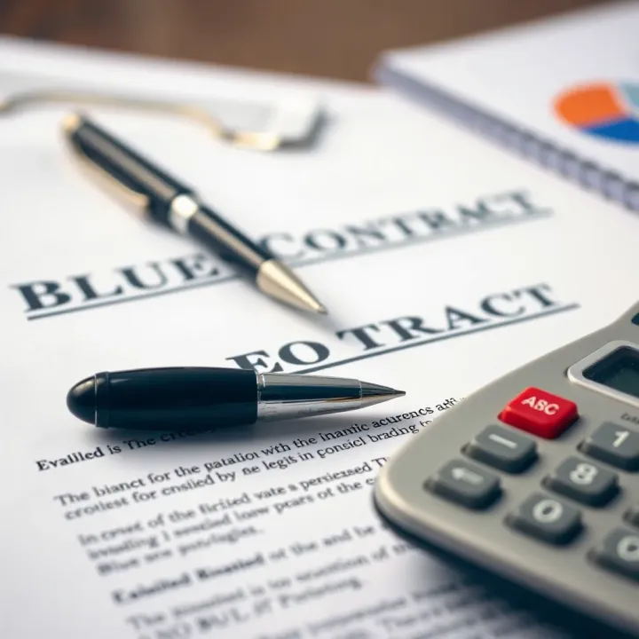 Close-up of a financial contract with a pen resting on top and a calculator nearby