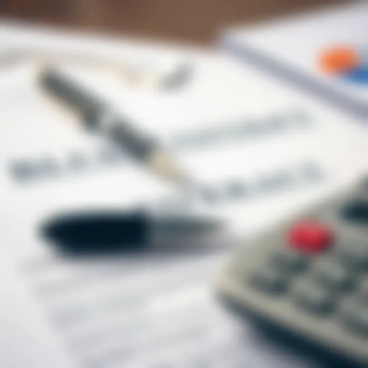 Close-up of a financial contract with a pen resting on top and a calculator nearby