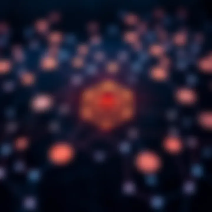 Digital representation of Cardano blockchain network with interconnected nodes and cryptocurrency symbols