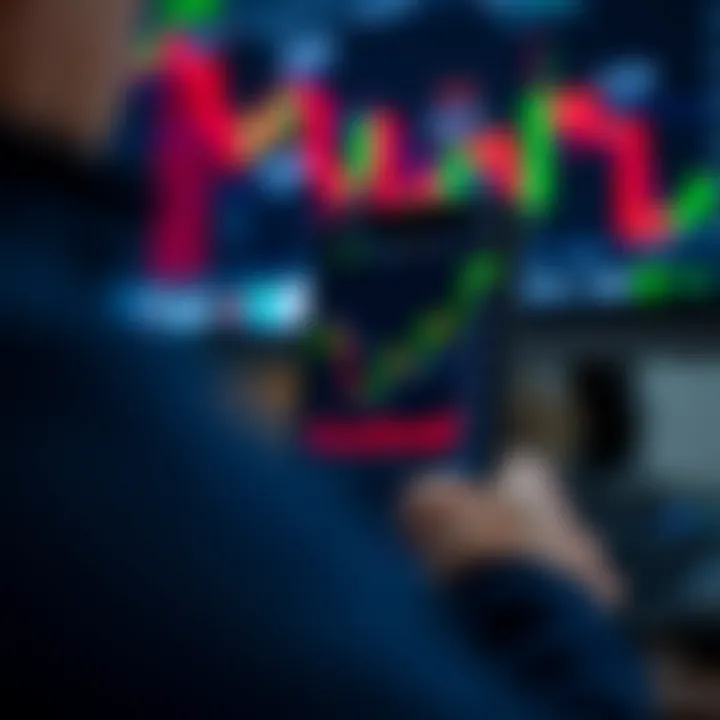Mobile device displaying forex trading app interface with charts and currency pairs