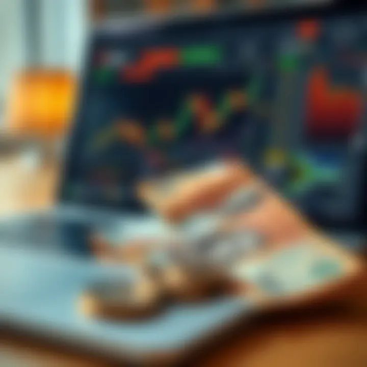 South African Rand currency notes and coins with a laptop displaying Deriv trading platform