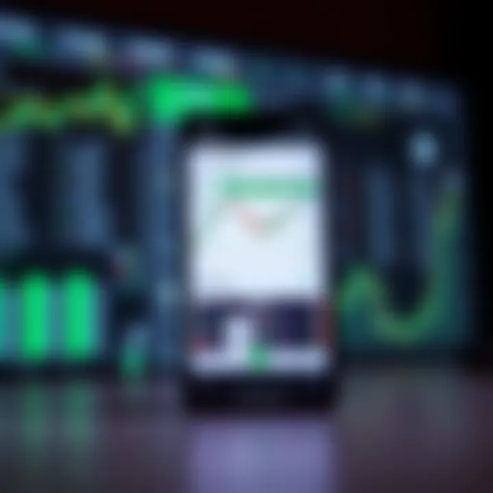 IQ Options Trading Platform Interface on Mobile Device Mobile phone displaying the IQ Options trading platform interface with financial charts and trading tools visible