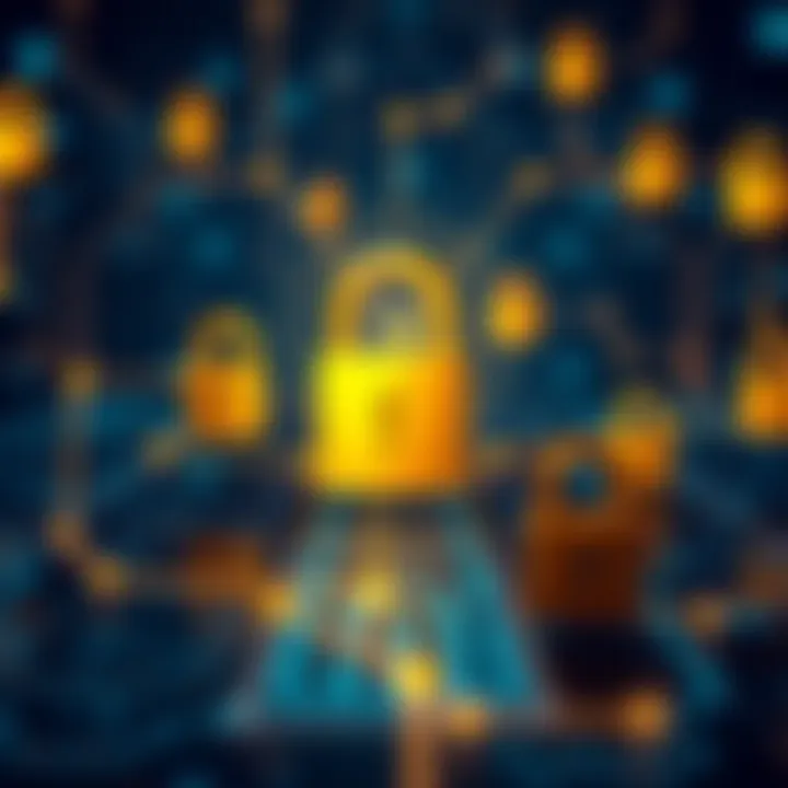 Security Measures and Regulatory Framework for Karatbit Abstract illustration of a secure digital network with padlocks and blockchain nodes representing security and regulatory compliance