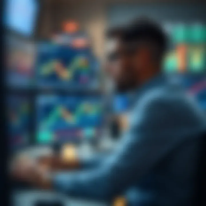 Illustration showing a trader analyzing market charts on multiple screens to represent funded trading accounts.