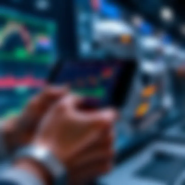 Smartphone displaying automated trading app with real-time financial charts and trading signals
