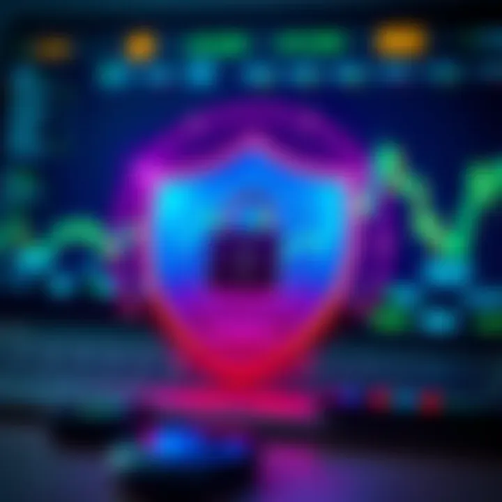 Secure online investment with shield and digital lock symbolizing protection against scams