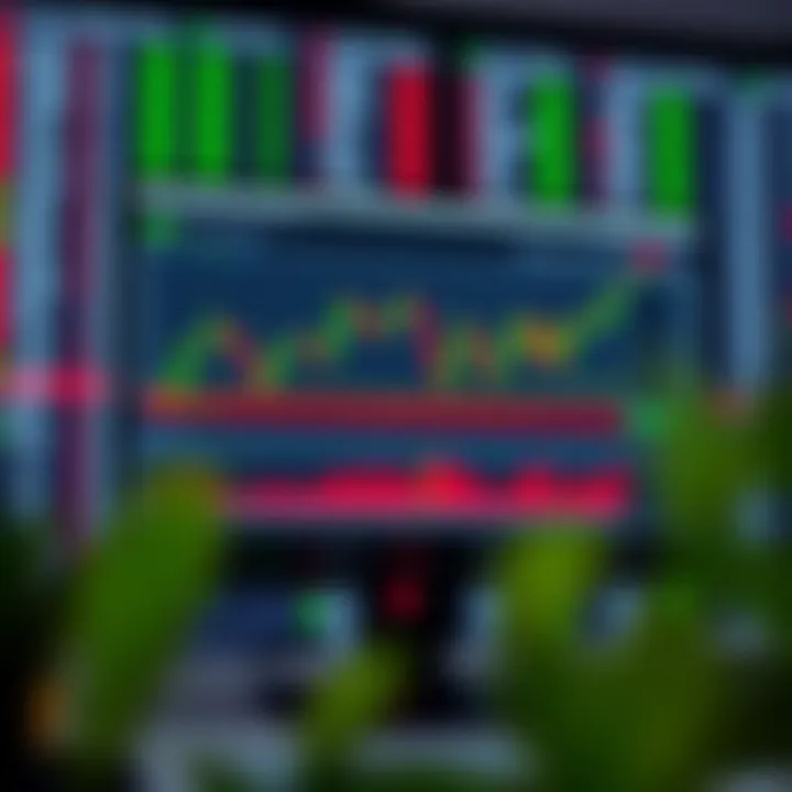 Illustration of a computer screen displaying a virtual trading platform with charts and graphs