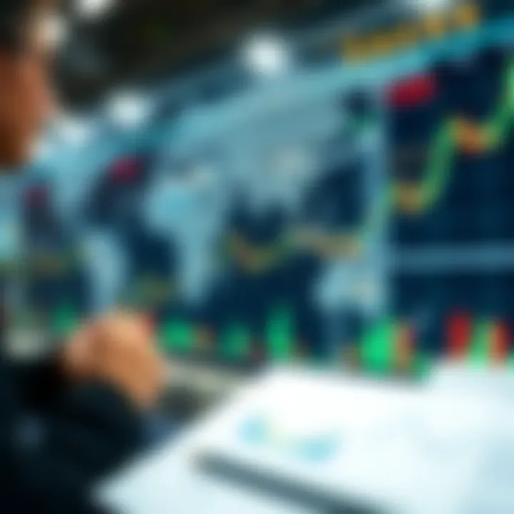 Global forex trading market with currency symbols and graphs