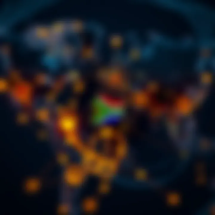 Global Trading Networks and Economic Impact from South Africa A global map highlighting key trading hubs and economic connections from South Africa