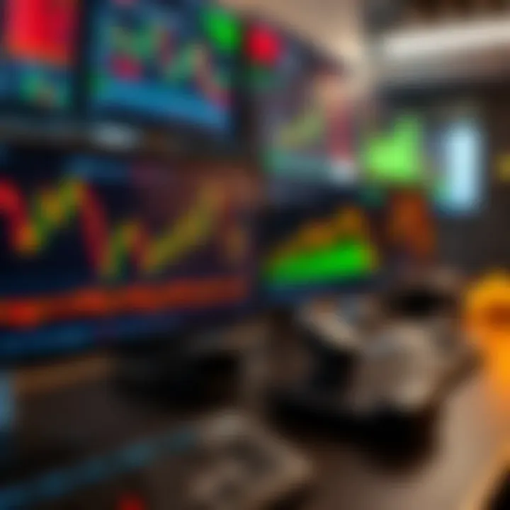 Graph showing automated trading system analyzing financial market data on multiple screens