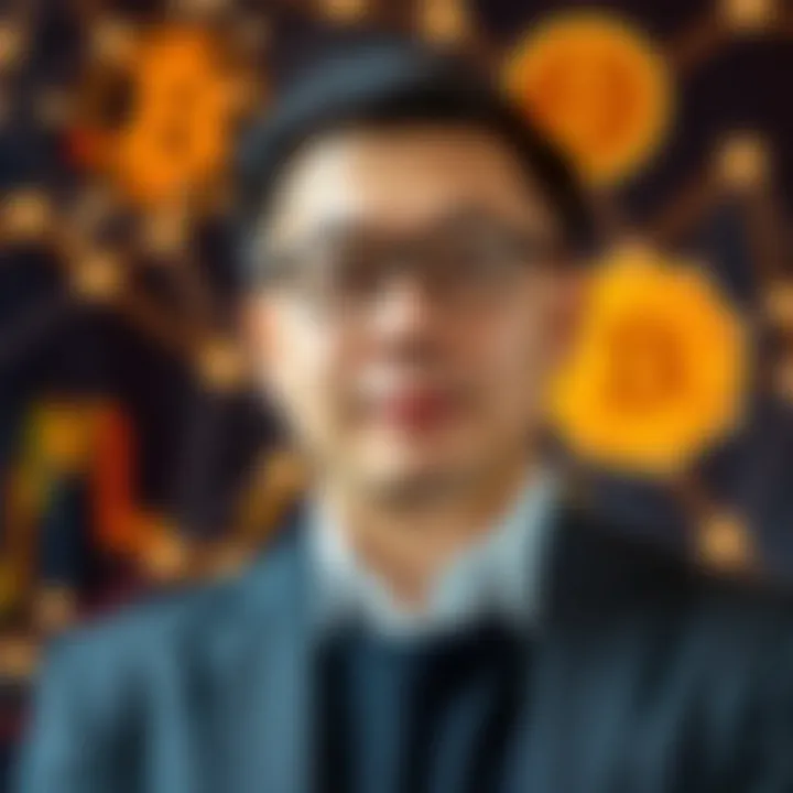 Portrait of Samson Mow with graphical representations of Bitcoin and blockchain networks in the background