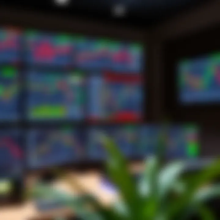 A modern personal trading room equipped with multiple monitors displaying various financial charts and data