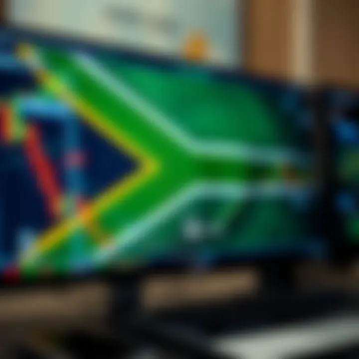 South African flag with digital financial icons representing online trading and secure app usage on a computer