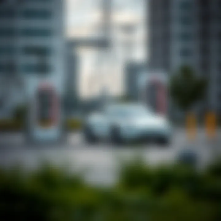 Tesla electric vehicle charging at a high-power station in urban environment