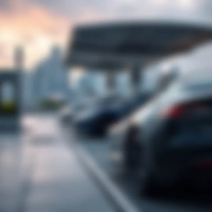 Tesla electric vehicles charging at a modern station with a city skyline in the background