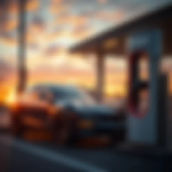 Tesla electric vehicle charging at a modern charging station during sunset