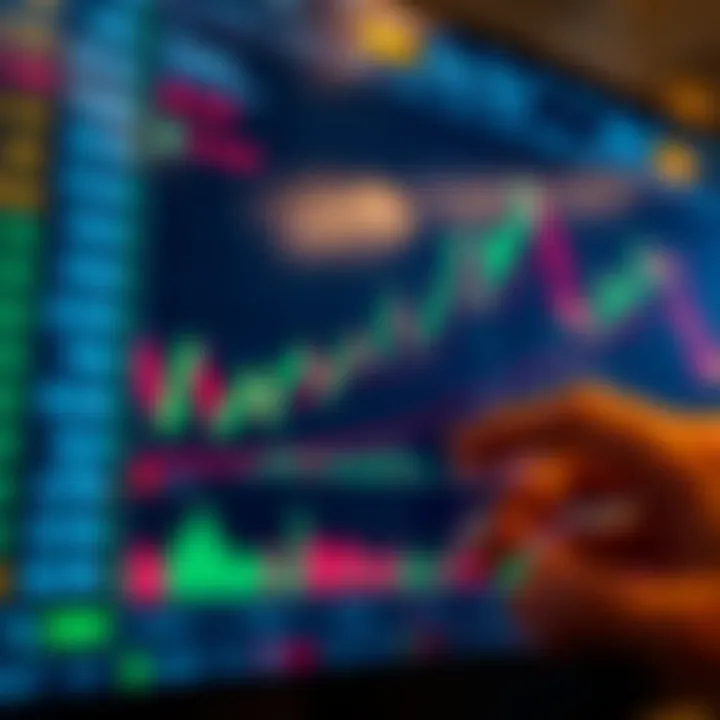 A dynamic chart displaying forex currency pairs with upward trends and trading indicators