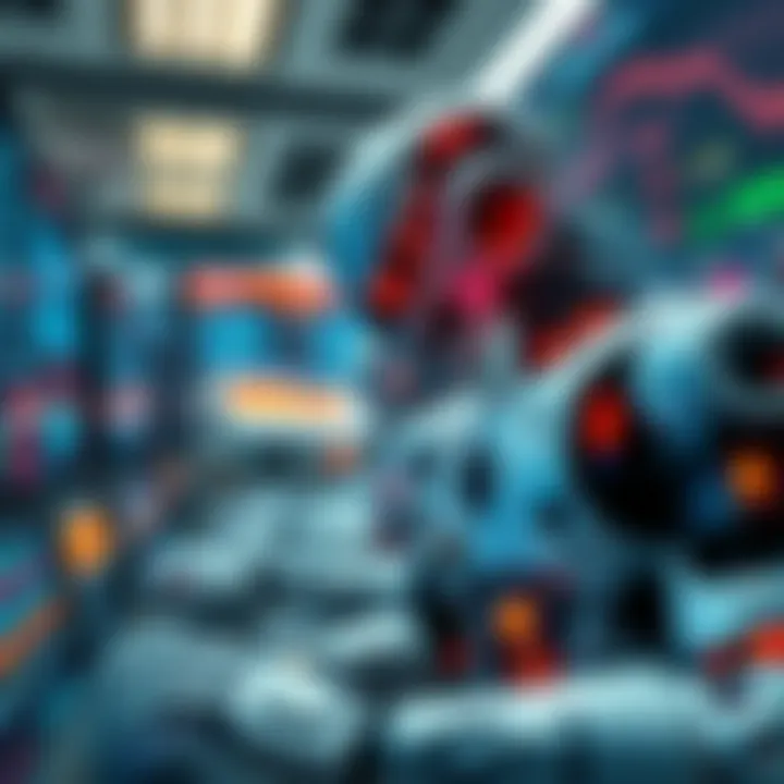 Conceptual illustration of robot traders executing stock trades with digital data overlay