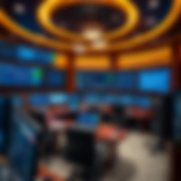 Luxurious office with multiple trading screens showing market data and charts