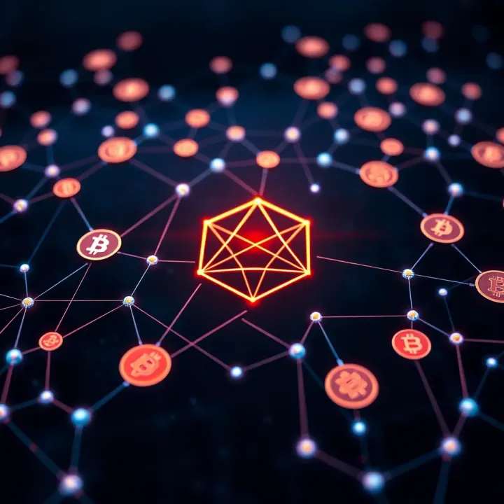 Visualization of Cardano Blockchain Network and ADA Coin Ecosystem Digital representation of Cardano blockchain network with interconnected nodes and cryptocurrency symbols