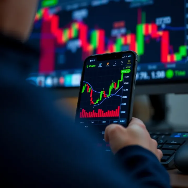 Mobile device displaying forex trading app interface with charts and currency pairs
