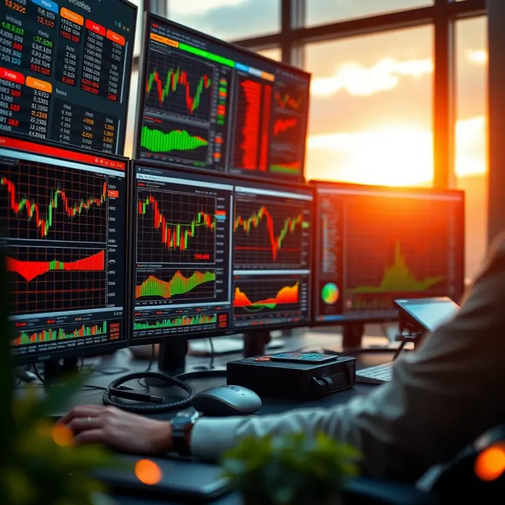 South African trader analyzing stock charts and financial data on multiple screens