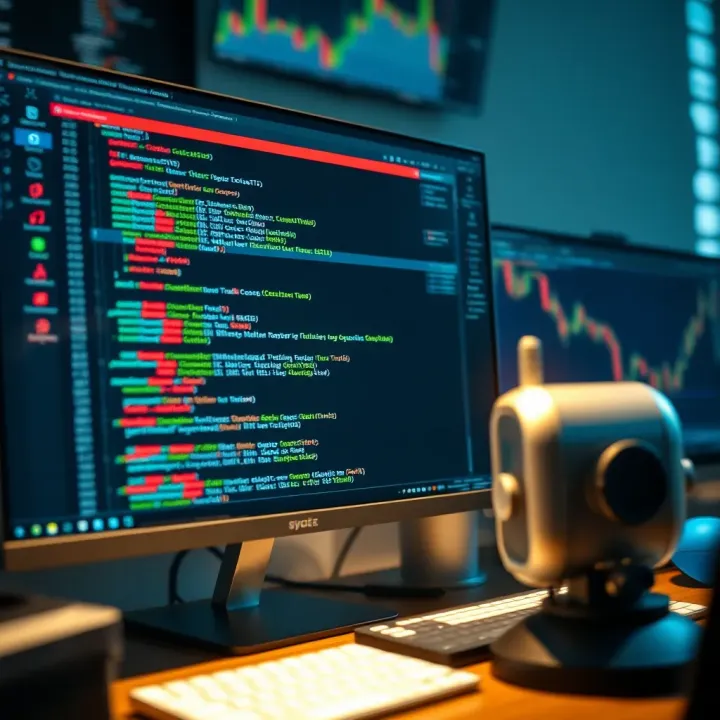 Coding Environment for Trading Robot Development Computer screen displaying coding environment with trading robot script and market charts