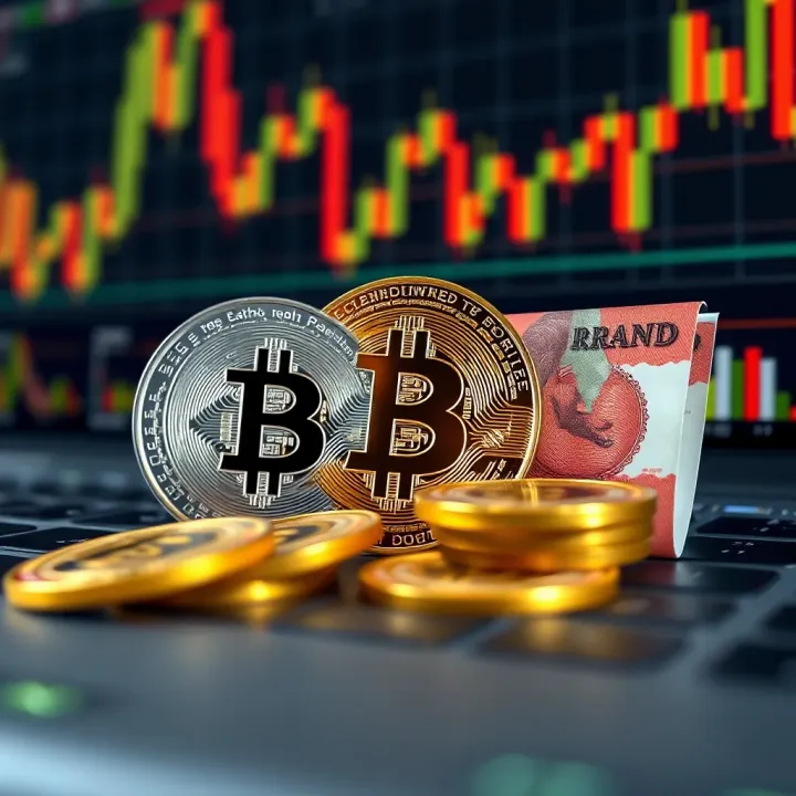 Illustration of various digital currency symbols alongside South African Rand and trading platform interface