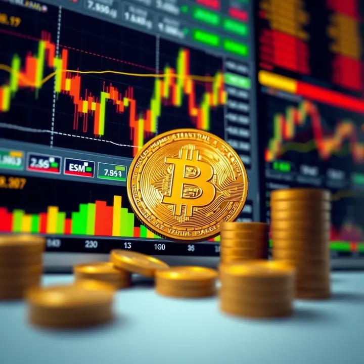 Illustration of cryptocurrency market analysis featuring charts and risk assessment icons