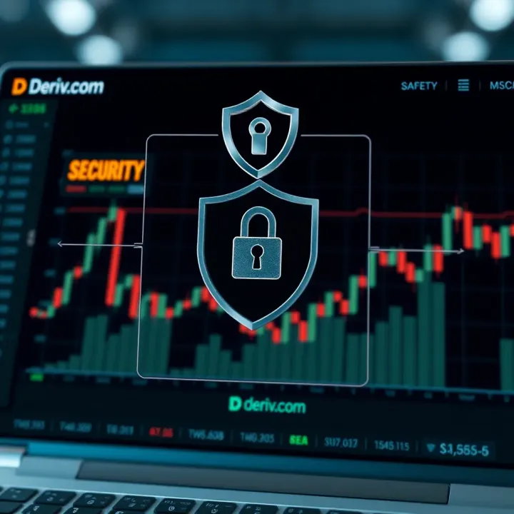 Graphic illustrating secure online transactions with shield symbol and financial charts representing safety on Deriv.com