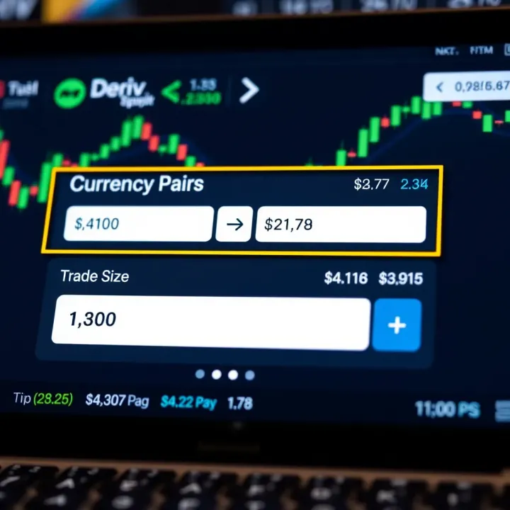 Deriv Platform Pip Calculator Interface with Currency Pair and Trade Size Inputs Screenshot of the Deriv platform's pip calculator interface highlighting input fields for currency pairs and trade size