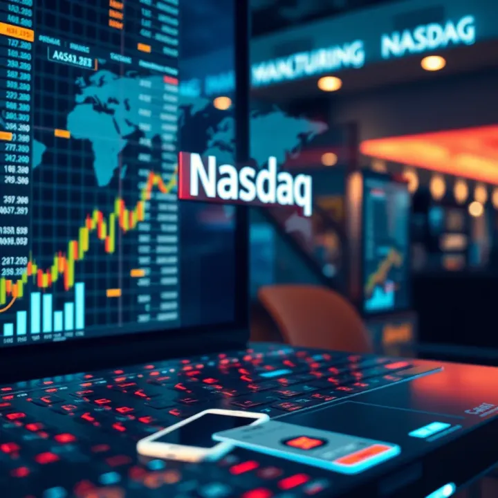 Accessing Nasdaq Assets through Online Trading Platforms Conceptual depiction of online trading platform connecting to global stock exchange