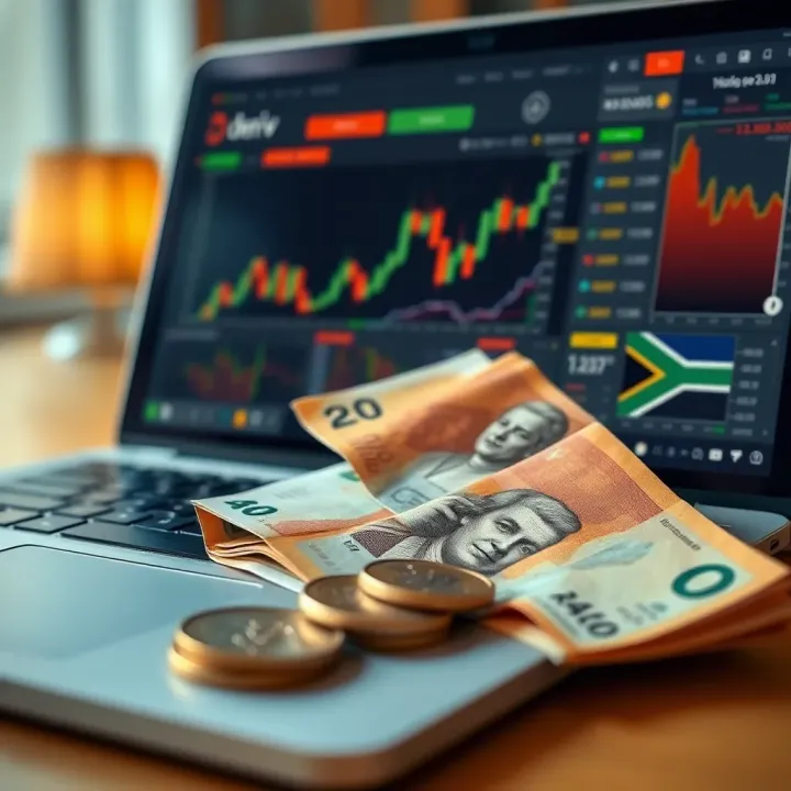 South African Rand currency notes and coins with a laptop displaying Deriv trading platform