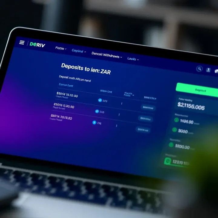 Digital wallet interface showing deposit and withdrawal options in South African Rand on Deriv platform
