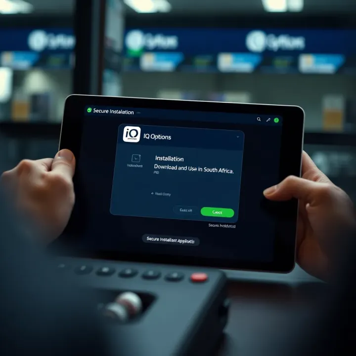 Tablet showing installation progress of IQ Options application with secure installation notification