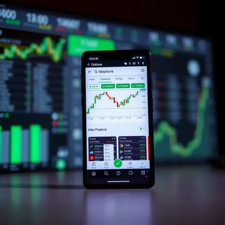 IQ Options Trading Platform Interface on Mobile Device Mobile phone displaying the IQ Options trading platform interface with financial charts and trading tools visible