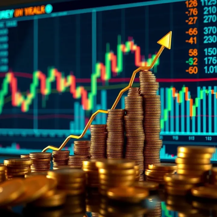 Forex Trading Growth and Wealth Accumulation Graph showing upward trend of forex trading success with currency symbols and financial charts