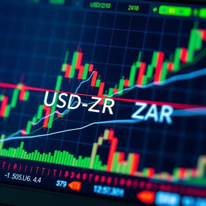 USD/ZAR Pair and Market Indicators in South African Forex Trading Illustration of a forex trading screen highlighting USD/ZAR pair with market indicators