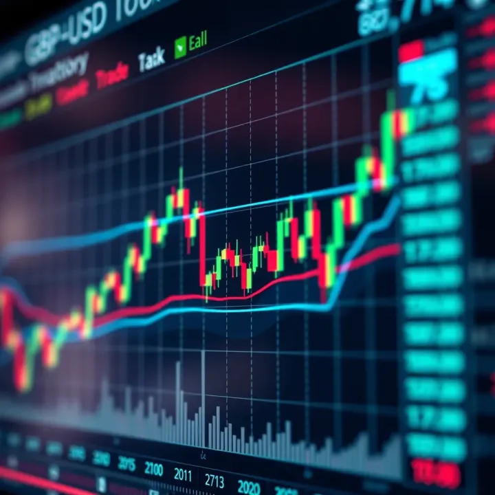 Graph showing GBP/USD exchange rate fluctuations with trend lines and economic indicators