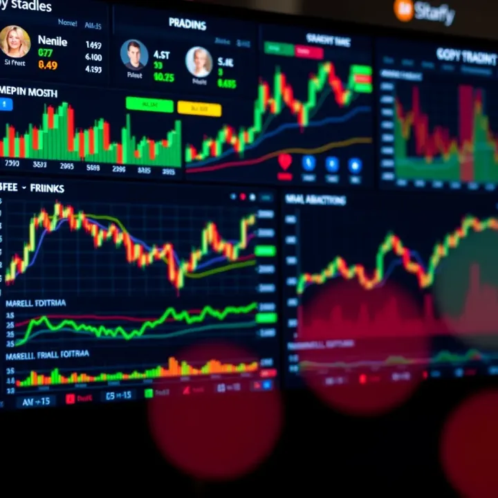 Digital interface displaying various stock market charts and trader profiles