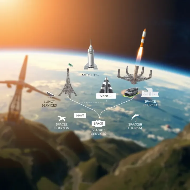 Illustration showing various sectors within the space market including satellites, launch services, and space tourism