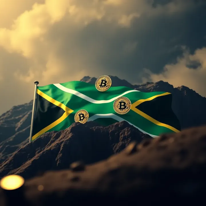 Stylized representation of Bitcoin symbols rising above the South African flag, symbolizing cryptocurrency growth in the country