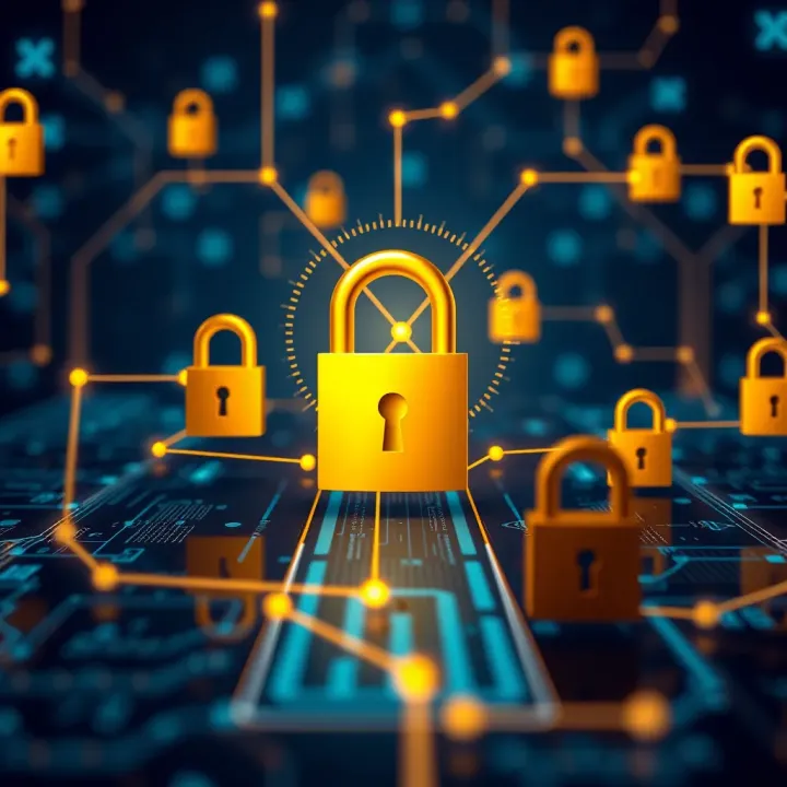 Abstract illustration of a secure digital network with padlocks and blockchain nodes representing security and regulatory compliance