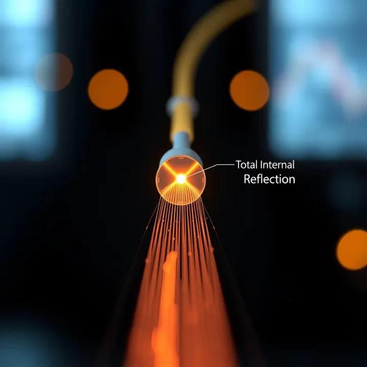 Diagram illustrating light propagation within optical fibre through total internal reflection