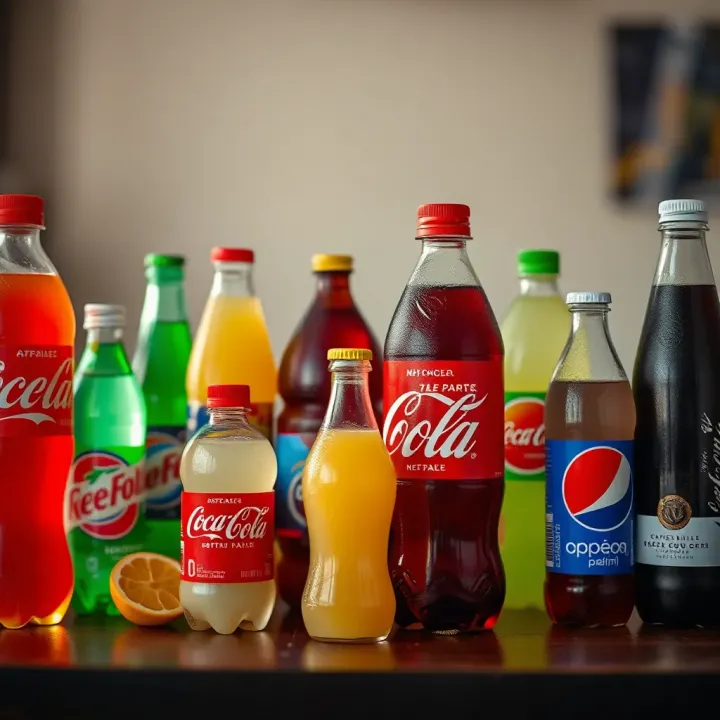 Variety of soft drink bottles from major beverage companies arranged on a table
