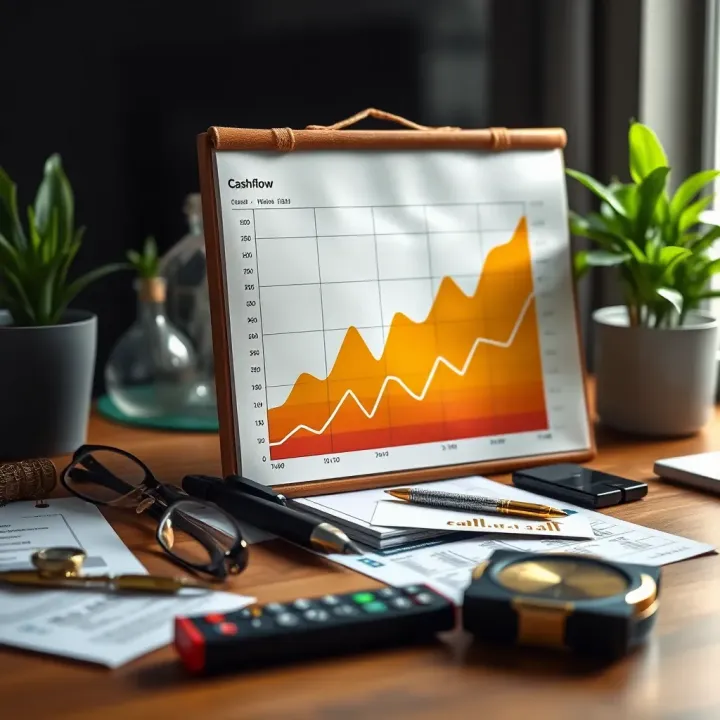 Illustration of cashflow chart with upward trends and financial tools on a desk