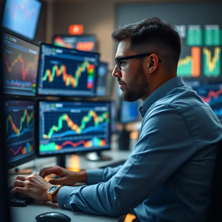 Illustration showing a trader analyzing market charts on multiple screens to represent funded trading accounts.