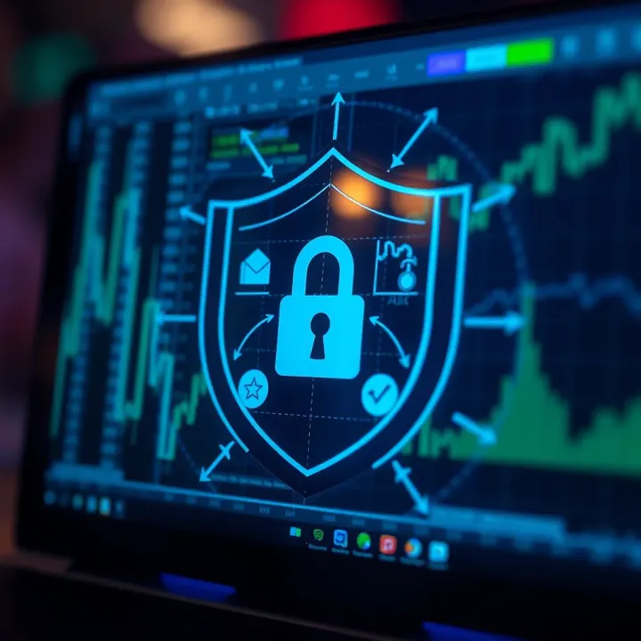 Graphic depicting security shield with financial icons representing online trading safety