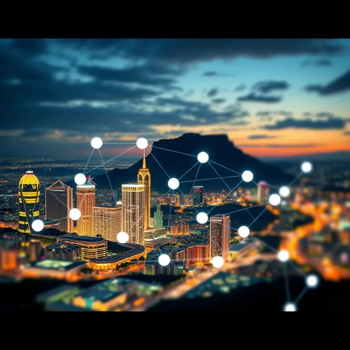 Conceptual illustration showing digital transactions and communication across South African cityscape representing P2P applications